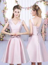 Modest Baby Pink Asymmetric Lace Up Bowknot Wedding Guest Dresses Sleeveless