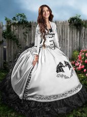 Cheap Sleeveless Floor Length Embroidery and Ruffles Lace Up 15th Birthday Dress with White And Black