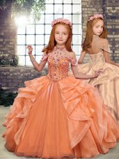 Orange Ball Gowns Beading and Ruffles Little Girls Pageant Dress Lace Up Organza Sleeveless Floor Length
