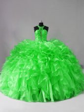 Enchanting Halter Top Sleeveless Brush Train Lace Up Quince Ball Gowns Organza