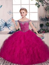 Fuchsia Little Girls Pageant Dress Party and Sweet 16 and Wedding Party with Beading and Ruffles Off The Shoulder Sleeveless Lace Up