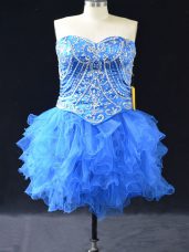 Mini Length Lace Up Homecoming Dress Blue for Prom and Party and Military Ball with Beading and Ruffles