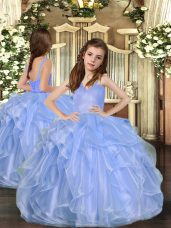 Discount Straps Sleeveless Kids Formal Wear Floor Length Ruffles Blue Organza