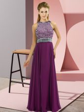 Sleeveless Chiffon Floor Length Prom Dress in Eggplant Purple with Beading