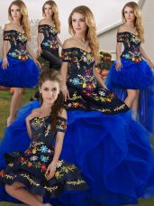 Royal Blue Off The Shoulder Lace Up Embroidery and Ruffles 15 Quinceanera Dress Sleeveless