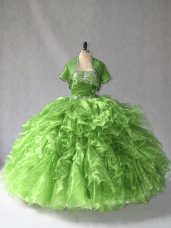 Custom Fit Beading and Ruffles Quinceanera Gowns Green Lace Up Sleeveless Floor Length