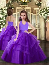 On Sale Purple Halter Top Lace Up Ruffled Layers Little Girl Pageant Dress Sleeveless