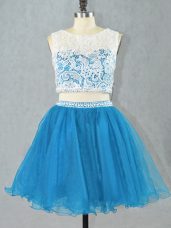 Fabulous Two Pieces Prom Evening Gown Blue Scoop Organza Sleeveless Mini Length Zipper