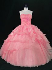 Watermelon Red Sleeveless Floor Length Beading and Ruffles Lace Up Quinceanera Dresses