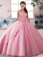Rose Pink Ball Gowns Off The Shoulder Sleeveless Tulle Brush Train Lace Up Beading Sweet 16 Dresses