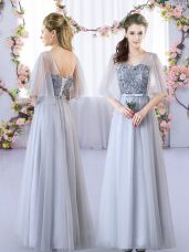 Delicate Grey Lace Up Wedding Party Dress Appliques Sleeveless Floor Length