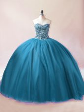 Charming Ball Gowns 15th Birthday Dress Teal Sweetheart Tulle Sleeveless Floor Length Lace Up