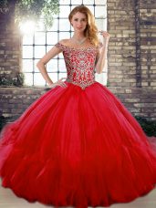 Beauteous Floor Length Red Sweet 16 Dress Off The Shoulder Sleeveless Lace Up