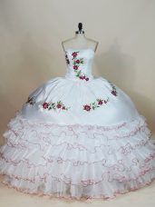 Modest White Sleeveless Floor Length Embroidery and Ruffled Layers Lace Up Sweet 16 Quinceanera Dress