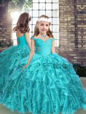 Custom Design Aqua Blue Lace Up Little Girl Pageant Dress Beading and Ruffles Sleeveless Floor Length
