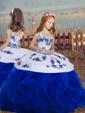 Royal Blue Straps Neckline Embroidery and Ruffles Pageant Dress Toddler Sleeveless Backless
