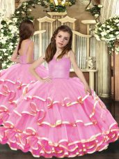 High Quality Floor Length Pink Little Girls Pageant Dress Organza Sleeveless Beading and Ruffled Layers