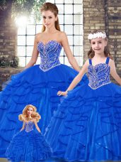 Glorious Royal Blue Sleeveless Tulle Lace Up Quinceanera Gown for Military Ball and Sweet 16 and Quinceanera