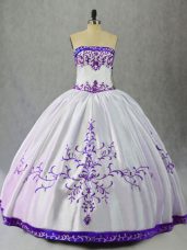 Sophisticated Embroidery Ball Gown Prom Dress White And Purple Lace Up Sleeveless Floor Length