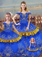 Smart Off The Shoulder Sleeveless Sweet 16 Dress Floor Length Embroidery Blue Satin