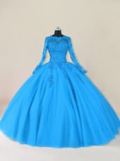 Flirting Blue Long Sleeves Floor Length Lace and Appliques Zipper Quinceanera Dresses