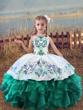Organza Scoop Sleeveless Lace Up Embroidery and Ruffles Little Girls Pageant Dress in Turquoise
