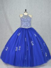 Shining Blue Sleeveless Tulle Lace Up 15 Quinceanera Dress for Sweet 16 and Quinceanera