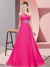 Chic Hot Pink Sleeveless Floor Length Beading Lace Up Prom Party Dress