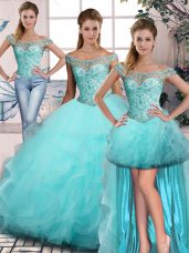 Trendy Beading and Ruffles Quinceanera Gowns Aqua Blue Lace Up Sleeveless