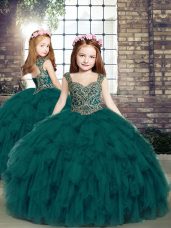 Adorable Teal Sleeveless Floor Length Beading and Ruffles Lace Up Little Girls Pageant Dress