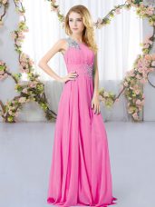 Sleeveless Floor Length Beading Zipper Bridesmaid Gown with Rose Pink