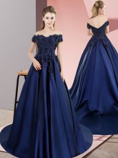Navy Blue Quinceanera Gown Off The Shoulder Sleeveless Lace Up
