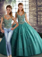 Floor Length Lace Up Sweet 16 Quinceanera Dress Teal for Military Ball and Sweet 16 and Quinceanera with Beading and Appliques