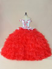 Affordable Lace Up Vestidos de Quinceanera White And Red for Sweet 16 and Quinceanera with Embroidery and Ruffles Brush Train