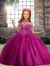 Fuchsia Sleeveless Floor Length Beading Lace Up Kids Formal Wear