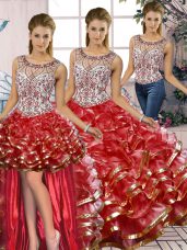 Chic Floor Length Three Pieces Sleeveless Red 15th Birthday Dress Lace Up