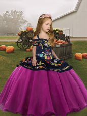 Lovely Floor Length Fuchsia Glitz Pageant Dress Organza Sleeveless Embroidery
