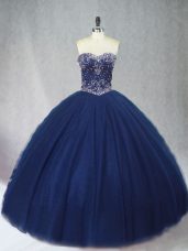Fashionable Sleeveless Tulle Floor Length Lace Up Quinceanera Dresses in Navy Blue with Beading