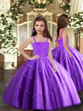 Stunning Purple Sleeveless Tulle Floor Length Lace Up Beading Girls Pageant Dresses
