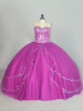 Low Price Fuchsia Sleeveless Tulle Brush Train Lace Up Quince Ball Gowns for Sweet 16 and Quinceanera