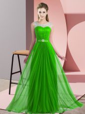 Fine Green Empire Scoop Sleeveless Chiffon Floor Length Lace Up Beading Bridesmaid Dress