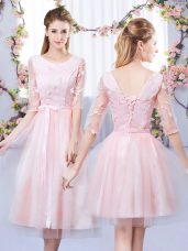 Sexy Baby Pink Empire Scoop Half Sleeves Tulle Tea Length Lace Up Lace and Belt Court Dresses for Sweet 16