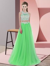 Green Tulle Zipper Halter Top Sleeveless Floor Length Quinceanera Court of Honor Dress Lace