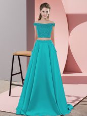 Teal Backless Prom Party Dress Beading Sleeveless Sweep Train