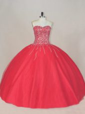 Floor Length Ball Gowns Sleeveless Coral Red Quinceanera Gown Lace Up