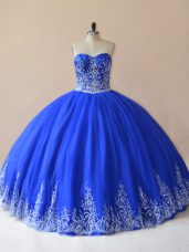 Eye-catching Royal Blue Lace Up Sweetheart Embroidery Vestidos de Quinceanera Tulle Sleeveless