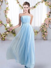 Sweep Train Empire Wedding Guest Dresses Baby Blue Strapless Chiffon Sleeveless Lace Up