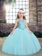 Classical Aqua Blue Scoop Neckline Beading and Appliques Girls Pageant Dresses Sleeveless Lace Up