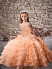 Orange Sleeveless Beading and Ruffled Layers Lace Up Child Pageant Dress