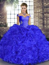 Sleeveless Floor Length Beading and Ruffles Lace Up Ball Gown Prom Dress with Royal Blue